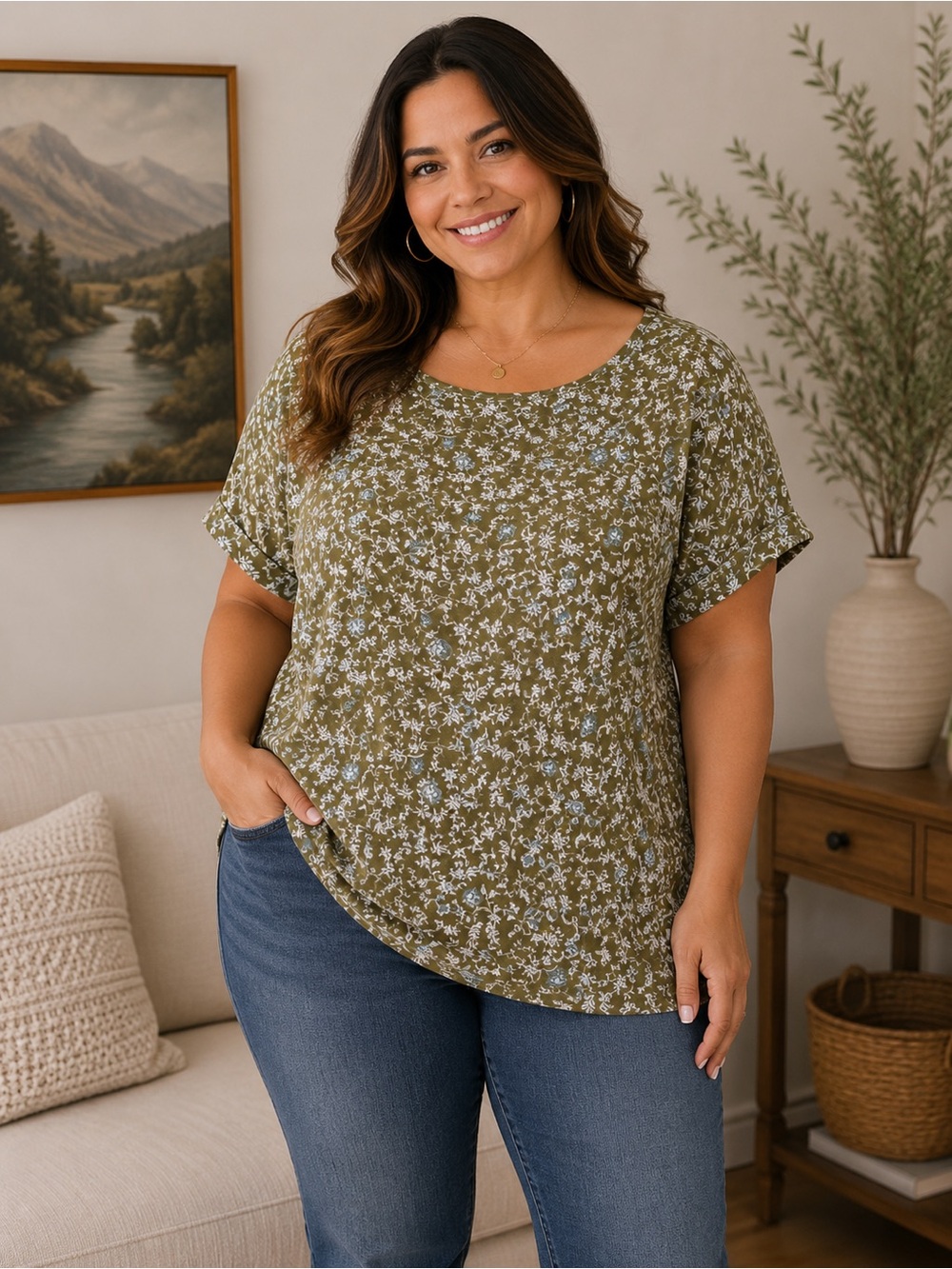 Wonderly Olive Floral Short Sleeve Tee - Size 2X